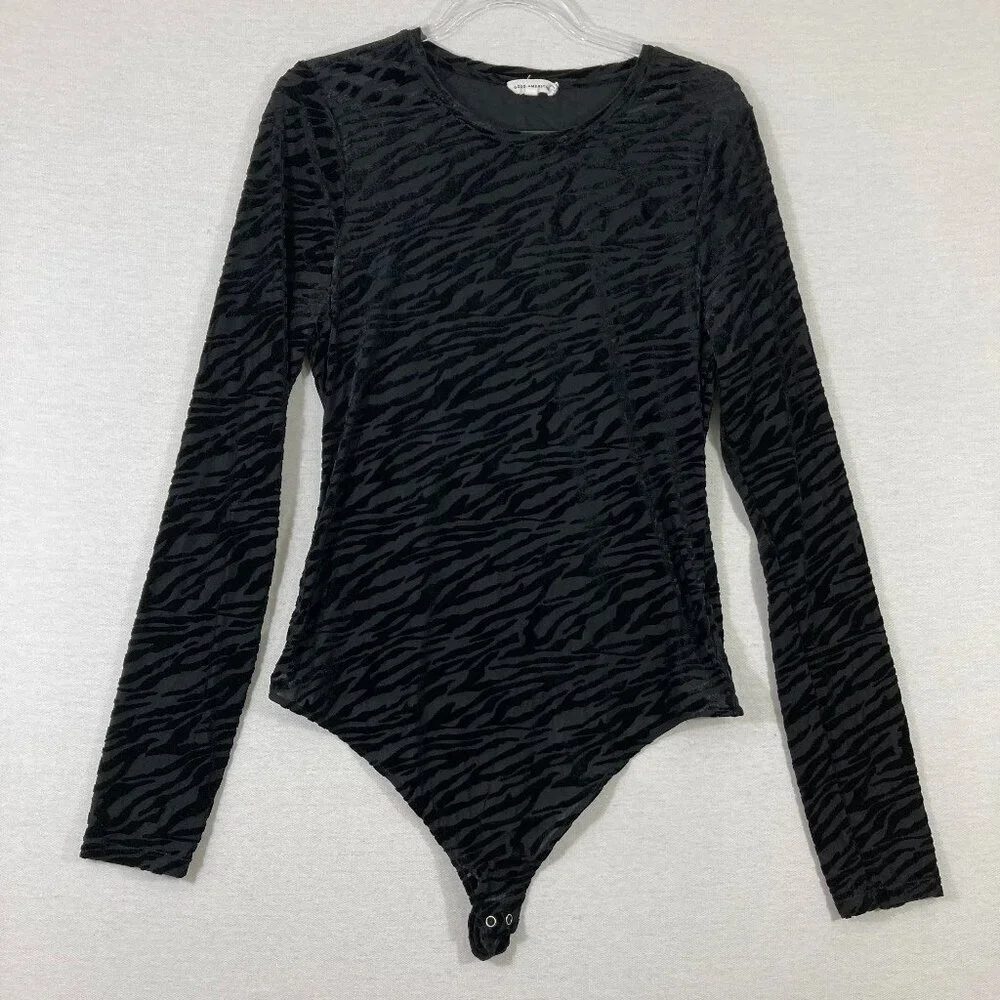 Good American Black Velvet Burnt Out Zebra Print Long Sleeve Bodysuit size 5/2XL